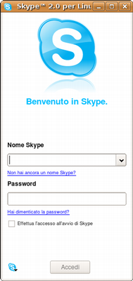 Videata di Skype in cui inserire nome utente e password