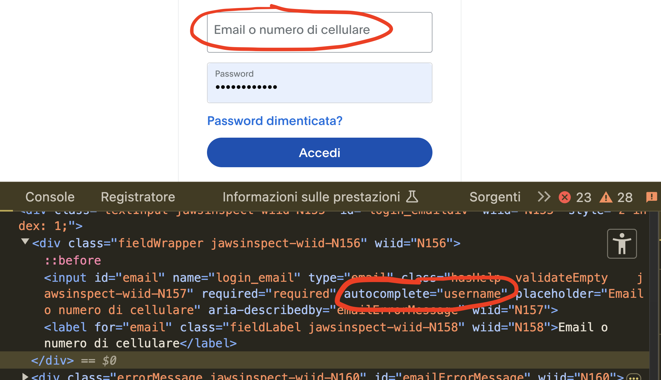campo di input con attributo autocomplete
