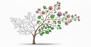 Albero in cui foglie e fiori migliorano durante la crescita.