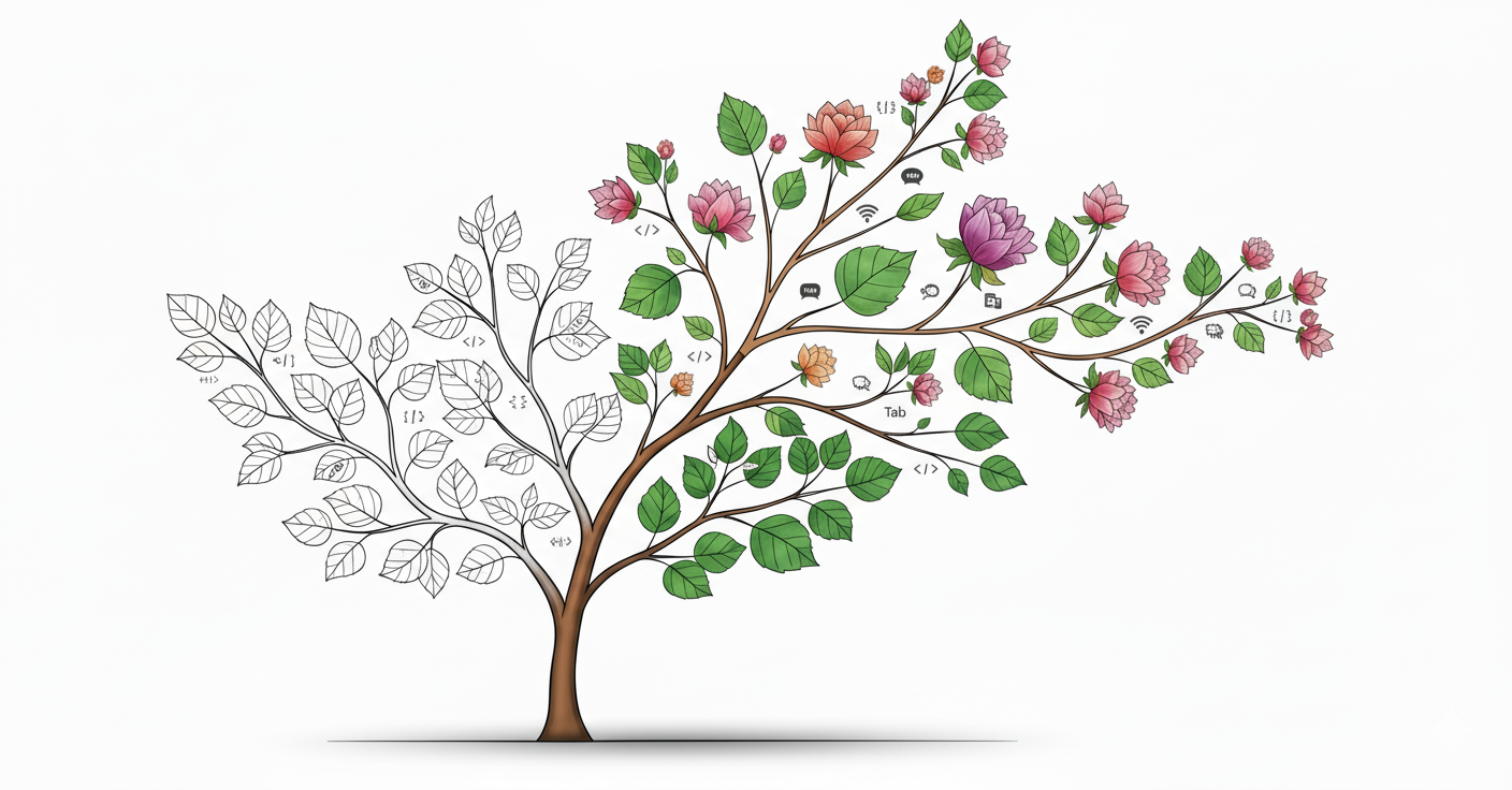 Albero in cui foglie e fiori migliorano durante la crescita.