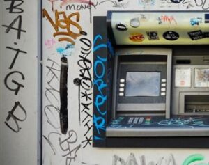 Una macchina bancomat con graffiti sul muro stile pop.