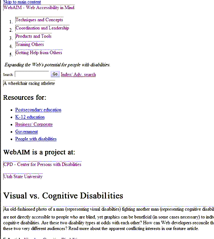 Homepage WebAim senza i CSS